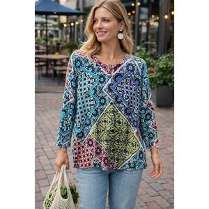 Joseph A Blue, Pink, Black Patchwork Knit Top Boho Geometric 3/4 Sleeve Cardigan